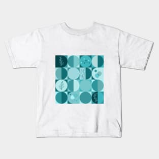 repeating geometry pattern, squares and circles, ornaments, teal color tones Kids T-Shirt